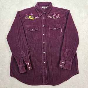 Y2K Tweety Bird Embroidered Corduroy Western Shirt Women Purple Long Sleeve Snap